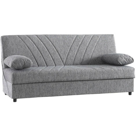Dmora Sofá cama Ramon, Sofá cama contenedor de 3 plazas con 2 cojines incluidos, Sofá de salón en tela acolchada con apertura clic-clac, Cm 181x81h88, Gris, con embalaje reforzado