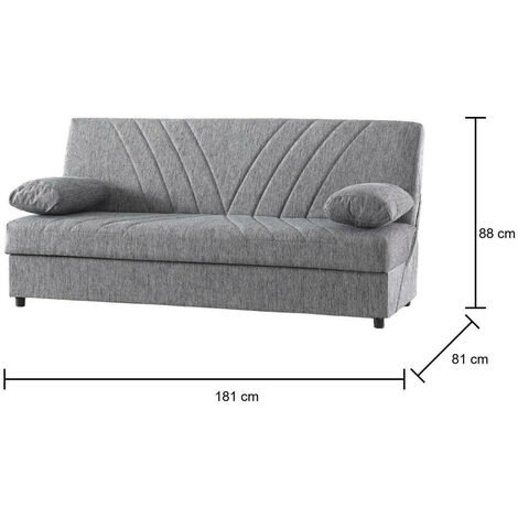 Dmora Sofá cama Ramon, Sofá cama contenedor de 3 plazas con 2 cojines incluidos, Sofá de salón en tela acolchada con apertura clic-clac, Cm 181x81h88, Gris, con embalaje reforzado