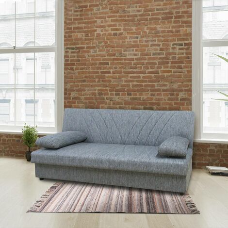 Dmora Sofá cama Ramon, Sofá cama contenedor de 3 plazas con 2 cojines incluidos, Sofá de salón en tela acolchada con apertura clic-clac, Cm 181x81h88, Gris, con embalaje reforzado