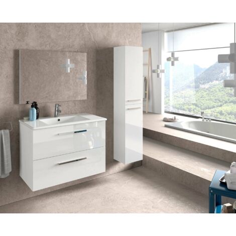 Dmora Columna de baño Alexandria, Mueble columna para baño con 2 puertas, Mueble de pared suspendido con 2 baldas, cm 30x25h150, Blanco brillante, con embalaje reforzado