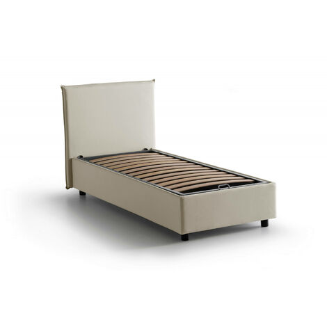 Cama individual Emma, Cama contenedor con revestimiento de tela, 100% Made  in Italy, Apertura frontal, con colchón 80x190 cm incluido, Tórtola