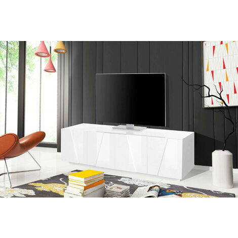 Mueble salon TV modular, color Blanco brillo con detalles en antracita 200cm