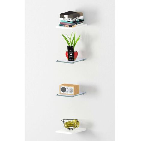 Dmora Juego de 4 estantes de pared, Made in Italy, 2 estantes en vidrio templado y dos en laminado blanco brillante, cm 20x27h1.6, color blanco brillante, con embalaje reforzado (1/3)