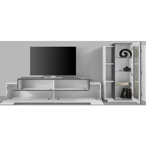 Mueble salon TV modular, color Blanco brillo con detalles en antracita  200cm