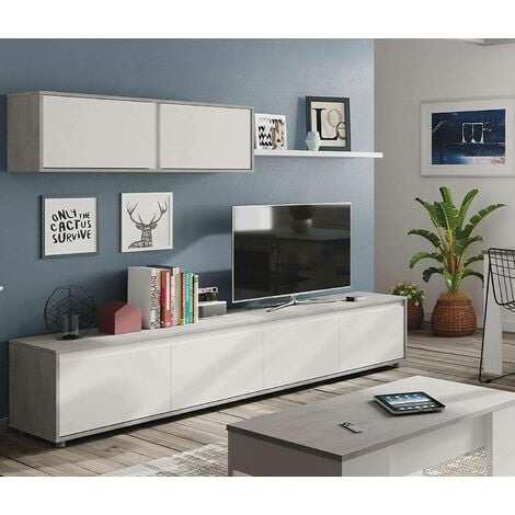 Dmora Mueble TV para salón con cuatro puertas, con mueble alto y balda,  color cemento y