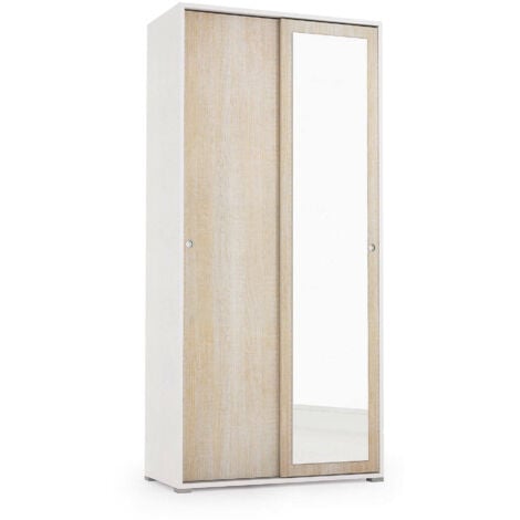 Dmora Armario Tulipano, Armario con 2 puertas correderas y espejo, Mueble con barra perchero y baldas, 100% Made in Italy, Cm 90x45h195, Roble y Blanco, con embalaje reforzado