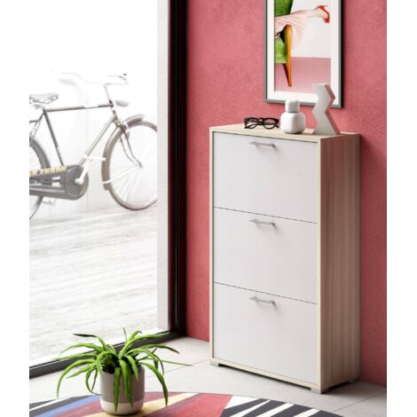 Dmora Zapatero Peonia, Mueble de entrada polivalente con 3 puertas abatibles, Zapatero de doble profundidad, 100% Made in Italy, Cm 67x28h112, Blanco y Olmo, con embalaje reforzado