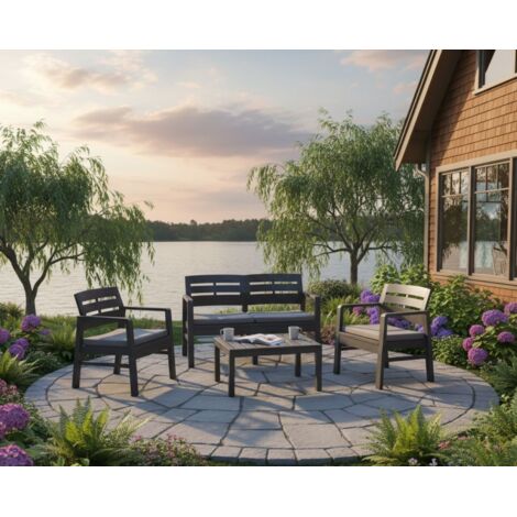 Dmora - Salón de Jardín Dgyas, Conjunto de jardín con 2 sillones, 1 sofá y 1 mesa de centro, Zona de estar interior y exterior con cojines, 100% Made in Italy, Antracita