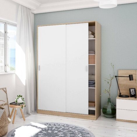 Dmora - Guardarropa Dnocer, Armario dormitorio con 2 puertas correderas, Mueble con 3 baldas y barra perchero, 120x50h200 cm, Roble y Blanco