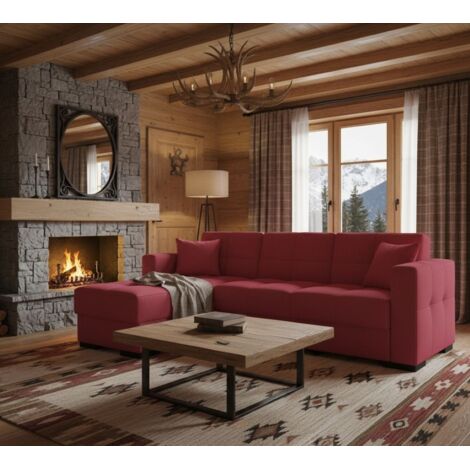 Dmora - Sofá cama Ddajca, Sofá cama rinconera con península reversible, Sofá contenedor para salón con chaiselongue y 2 cojines, 230x150h81 cm, Rojo