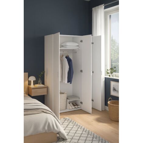 Dmora Armoire à trois portes battantes avec quatre étagères internes et tringle à vêtements, couleur blanche, Dimensions 115 x 175 x 49 cm