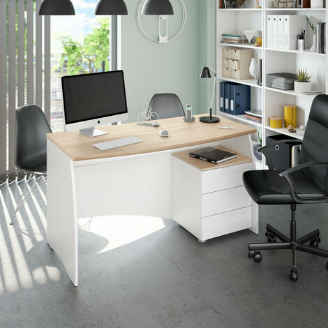 Escritorio esquinero blanco y roble Sonoma, estilo moderno, mesa de  computadora, mesa de trabajo, escritorio de oficina, con 4 cajones, 2  estantes con