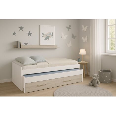 Dmora - Cama individual Dmialic, Armazón de cama para dormitorio, Cama individual con cuna extraíble y cómoda y estantería a juego, 199x96h65 cm, Blanco