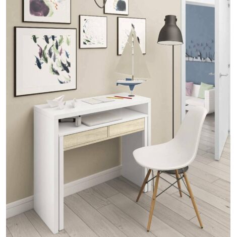 Dmora - Mesa consola Damodi, Escritorio con tapa extensible, escritorio para pc con 2 cajones, 99x36h88 cm, Blanco y Roble
