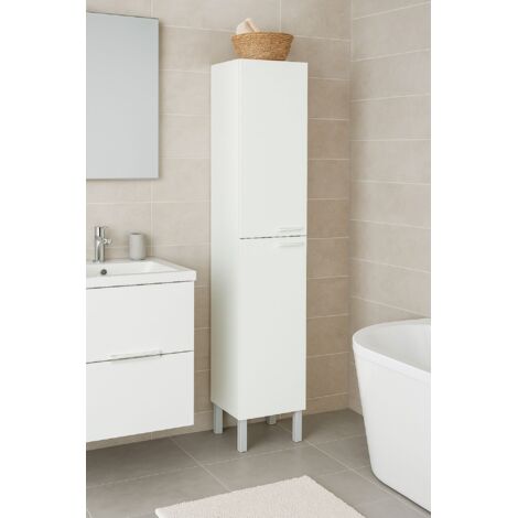 Dmora - Columna de baño Dfaropp, Mueble columna para baño con 2 puertas, Mueble de pared suspendido con 2 baldas, 30x25h182 cm, Blanco brillante