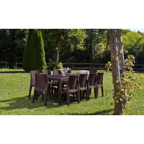 Dmora - Mesa de jardín Dmanz, Mesa de comedor extensible rectangular, Mesa de jardín extensible efecto ratán, 100% Made in Italy, 150x90h72 cm, Marrón