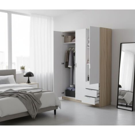 Dmora - Guardarropa Daband, Armario dormitorio con 3 puertas y 3 cajones, Mueble con barra perchero y 3 baldas, 121x52h180 cm, Blanco y Roble