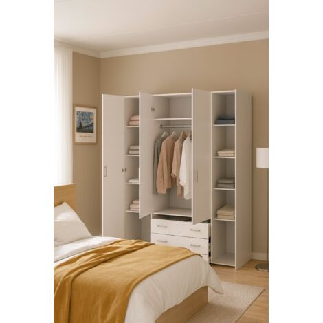 Dmora Armoire à quatre portes et trois tiroirs, couleur blanche, Dimensions 154 x 200 x 49 cm