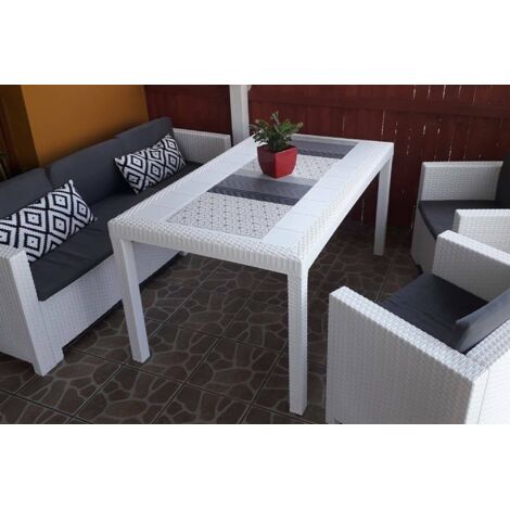 Dmora - Mesa de exterior Debueh, Mesa de jardín rectangular, Mesa de jardín multiusos efecto ratán, 100% Made in Italy, 150x90h74 cm, Blanco