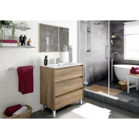 Armario bajo encimera Lancaster, Mueble de baño, Armario con 3 cajones y espejo, lavabo no incluido, cm 80x45h86, Roble
