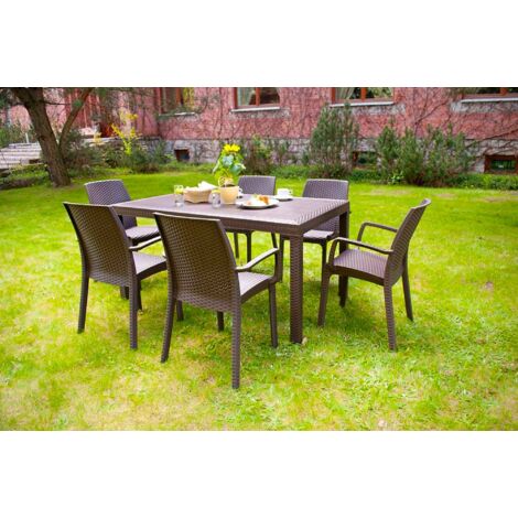Dmora - Mesa de exterior Debueh, Mesa de jardín rectangular, Mesa de jardín multiusos efecto ratán, 100% Made in Italy, 150x90h74 cm, Marrón