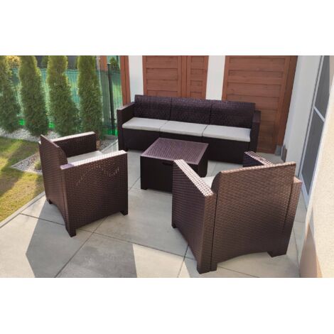 Dmora - Conjunto de salón exterior Dmüh, Conjunto de jardín con cojines, Zona de estar interior efecto ratán, 100% Made in Italy, Marrón