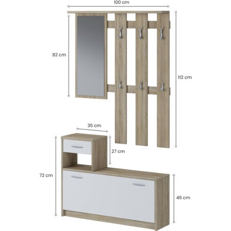 Dmora Mueble de entrada con espejo, entrada para recibidor con zapatero, Vaciador de bolsillo para apartamentos pequeños, 100x25h180 cm, color Blanco y Roble