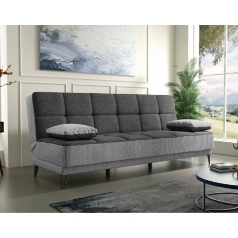 Dmora - Sofá cama Dfortin, Sofá cama 3 plazas con pies de metal negro, Sofá de salón en tela tapizada con apertura clic-clac, 190x87h97 cm, Gris