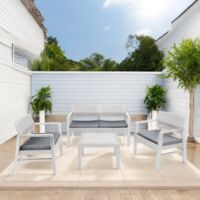 Dmora Salón de Jardín Carpi, Conjunto de jardín con 2 sillones, 1sofá y 1 mesa de centro, Zona de estar efecto ratán con cojines, 100% Made in Italy, Blanco, con embalaje reforzado