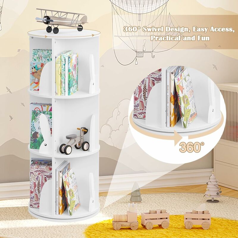 Étagère Rotative 360° En Forme D’Arbre Pour Enfant – Bibliothèque 3 Niveaux 5 Compartiments, Vert Pastel, Base Pivotante Stable – Parfait Pour Chambre Bébé Ou Salon