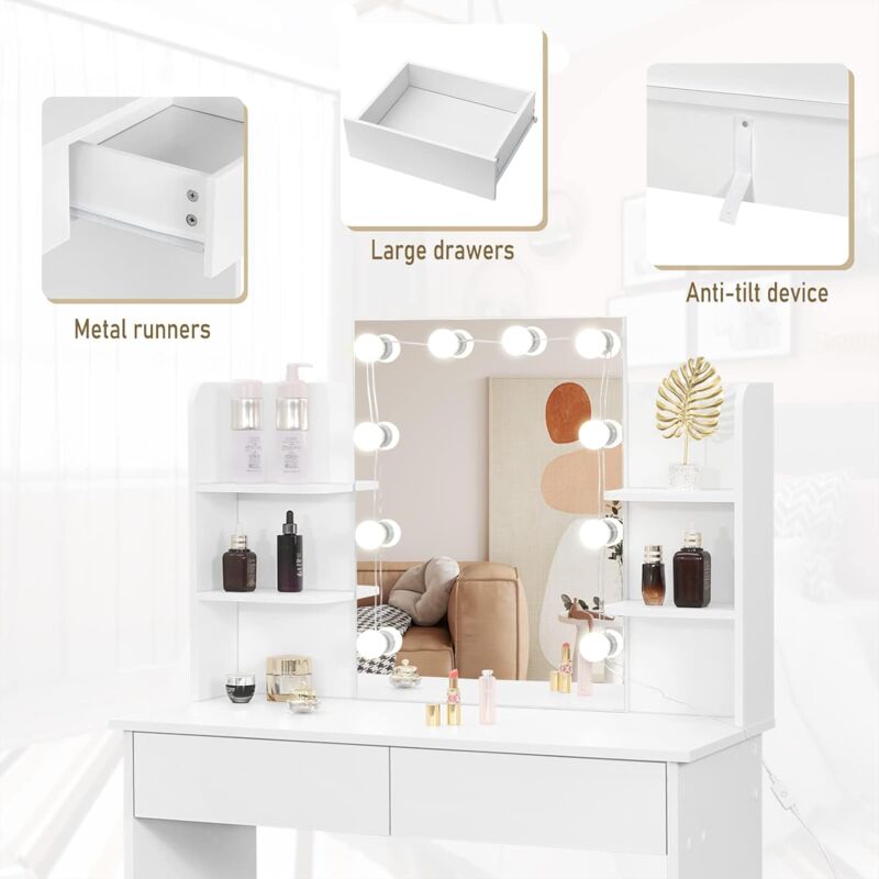 WOLTU Coiffeuse avec Miroir LED à Luminosité Réglable, Table de Maquillage  avec 2Tiroirs et 4Étagères de Rangement, Blanc MB6096ws - Cdiscount Maison