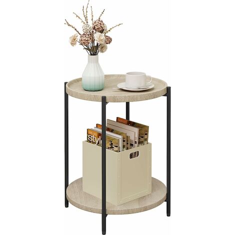 Woltu – Table basse ronde avec plateau amovible – MDF et métal – Dimensions 43,2 x 43,2 x 49,5 cm – Chêne clair et noir – Charge 30 kg