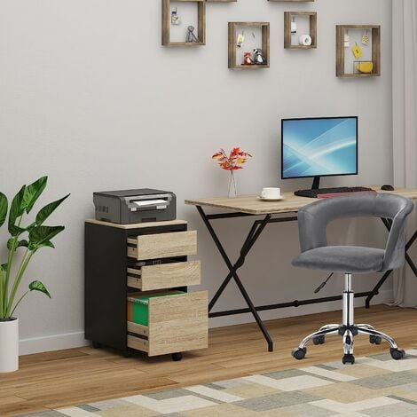 WOLTU Caisson Mobile, Meuble Rangement Bureau avec 3 Tiroirs, 40x40x70cm, Chêne Clair et Noir