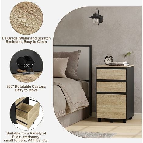 WOLTU Caisson Mobile, Meuble Rangement Bureau avec 3 Tiroirs, 40x40x70cm, Chêne Clair et Noir