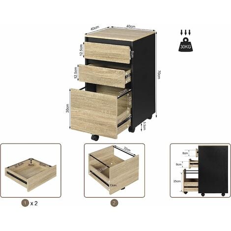 WOLTU Caisson Mobile, Meuble Rangement Bureau avec 3 Tiroirs, 40x40x70cm, Chêne Clair et Noir