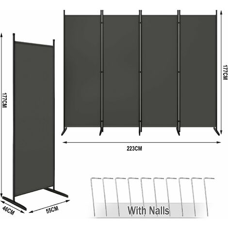 WOLTU Paravent Pliable, Séparateur de Pièce, Cloison de Séparation avec 4 Panneaux, 223x177cm, Gris Foncé