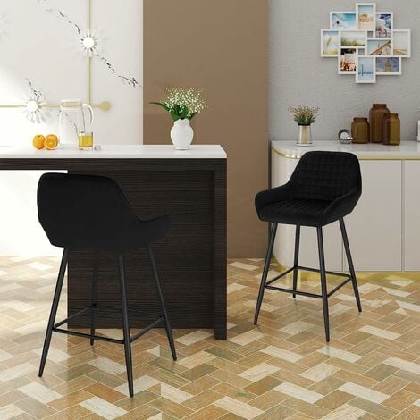 Lot de 2 Tabourets de bar WOLTU, Chaise de Bar avec Accoudoirs, Design Chaise Haute pour Bar, Siège en Velours, Cadre en métal, Noir