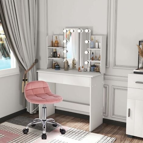 WOLTU Tabouret de Bureau, Tabouret Coiffeuse en Velours, Chaise d'Ordinateur Pivotante à roulettes, Rose