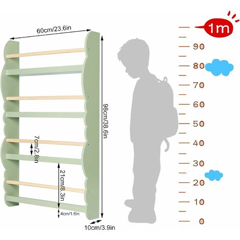 Bibliothèque Murale pour Chambre d'enfants WOLTU, Étagère de Rangement en Bois MDF à 4 Niveaux, 60x14,5x98cm, Vert