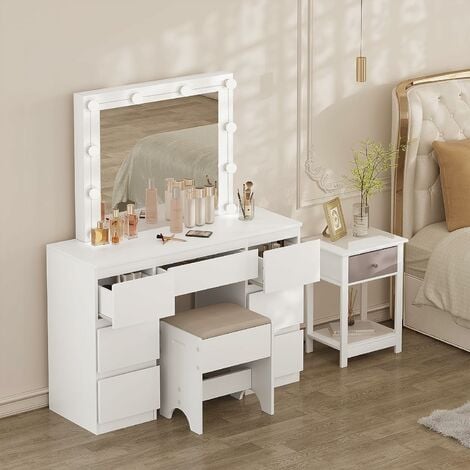 Coiffeuse avec Miroir LED à Luminosité Réglable WOLTU - Table de Maquillage avec 7 Tiroirs - 110x39, 5x140,5cm - Blanche