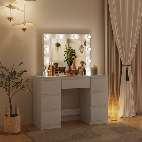 Coiffeuse avec Miroir LED à Luminosité Réglable WOLTU - Table de Maquillage avec 7 Tiroirs - 110x39, 5x140,5cm - Blanche