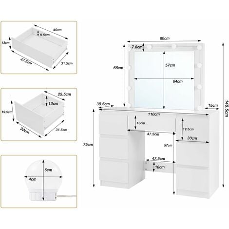 Coiffeuse avec Miroir LED à Luminosité Réglable WOLTU - Table de Maquillage avec 7 Tiroirs - 110x39, 5x140,5cm - Blanche