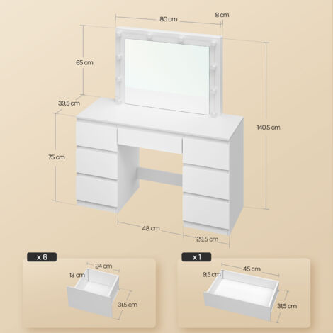 Coiffeuse Avec Miroir LED Réglable - 90x40 Cm, Tiroir Et Rangement Bijoux - Blanc, Meuble Chambre Moderne