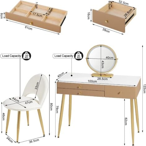 EUGAD Coiffeuse Avec Miroir LED Réglable à 3 Niveaux, Table De Maquillage Avec Chaise En Velours, Avec 3 Tiroirs à Effet 3D En Bois Massif, Blanc+Doré, 0054SZT