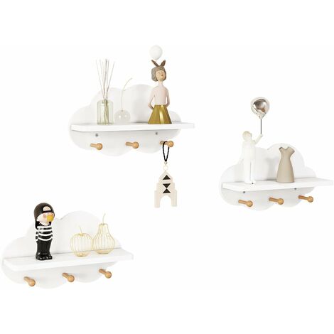 Lot de 3 Étagère Murale WOLTU, Bibliothèque Enfant en MDF, en Forme de Nuage avec 3 Crochets, 36x20, 5x12cm, Blanc