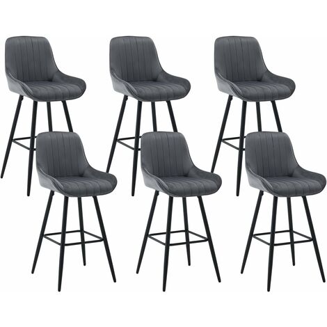 Lot de 6 Tabourets de Bar Hauts avec Dossier WOLTU, Chaise Moderne avec Repose-Pieds, Siège en Velours, Pieds en Métal, Gris foncé