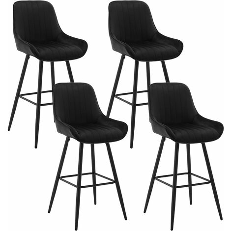 Lot de 4 Tabourets de Bar Hauts avec Dossier WOLTU, Chaise Moderne avec Repose-Pieds, Siège en Velours, Pieds en Métal, Noir
