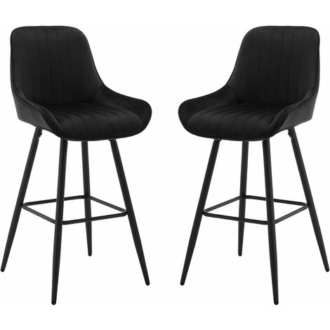 Lot de 2 Tabourets de Bar Hauts avec Dossier WOLTU, Chaise Moderne avec Repose-Pieds, Siège en Velours, Pieds en Métal, Noir