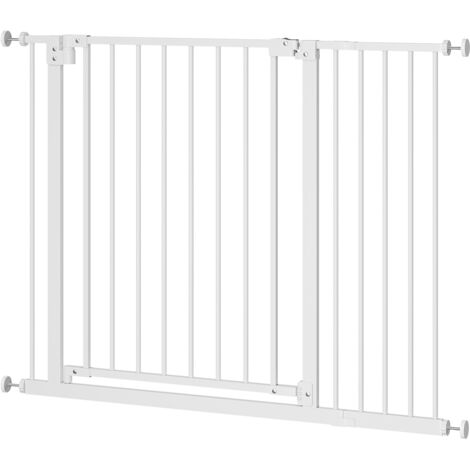 WOLTU Barrière de Sécurité en Métal, pour Enfant, Chien, Fermeture Automatique, Largeur de 75-107cm, Double Loquet, Blanc