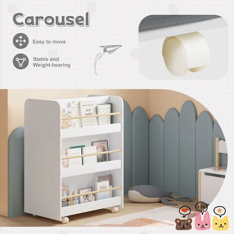 Étagère pour Enfants Mobile sur roulettes WOLTU, Bibliothèque Polyvalente avec Boîtes, Rangement sur 2 Côtés, Blanc